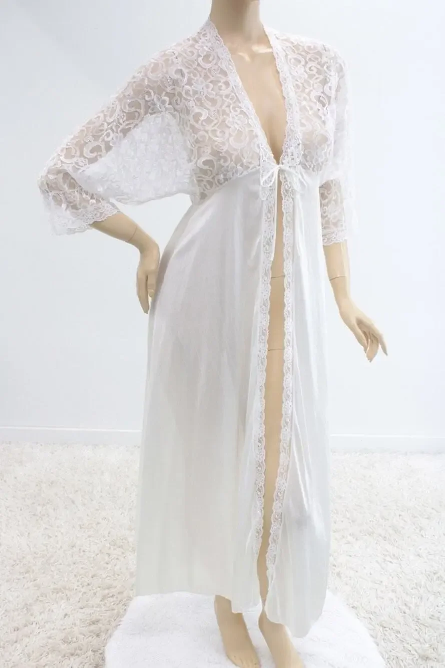 Vintage Long Dressing Gown Robe USA Bridal Lace Medium Angelcore Fairy Romantic